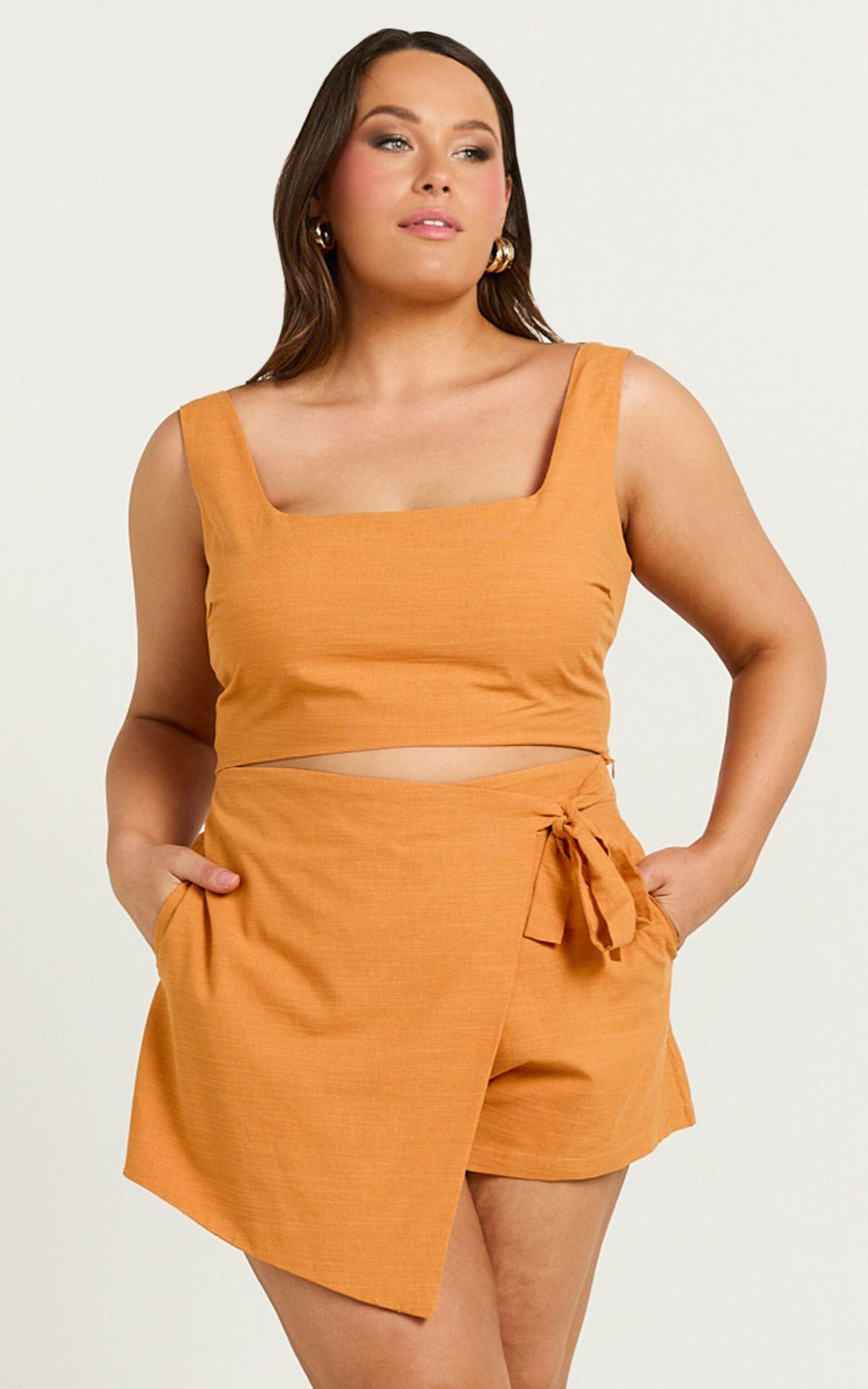 Polina Two Piece Set - Linen Look Square Neck Crop Top and Tie Waist Skort Set in Orange Product Image