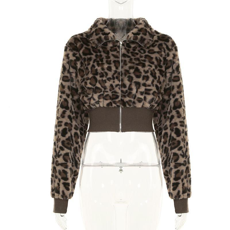 High Neck Leopard Print Zip-Up Crop Jacket Product Image