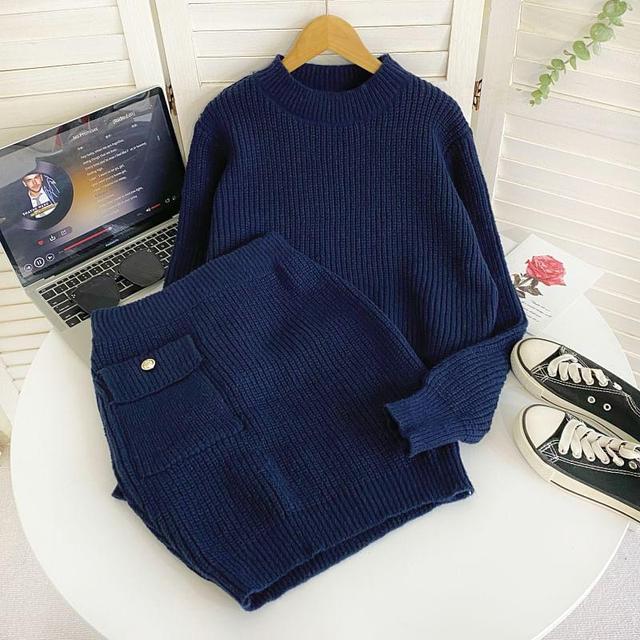 Set: Mock Neck Plain Sweater + High Waist Knit Mini Pencil Skirt Product Image