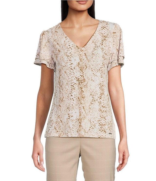 Calvin Klein Stretch Snake Print V Neckline Short Double Tier Sleeve Top Product Image