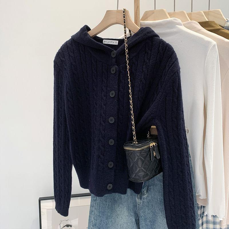 Plain Hooded Cable-Knit Cardigan Product Image