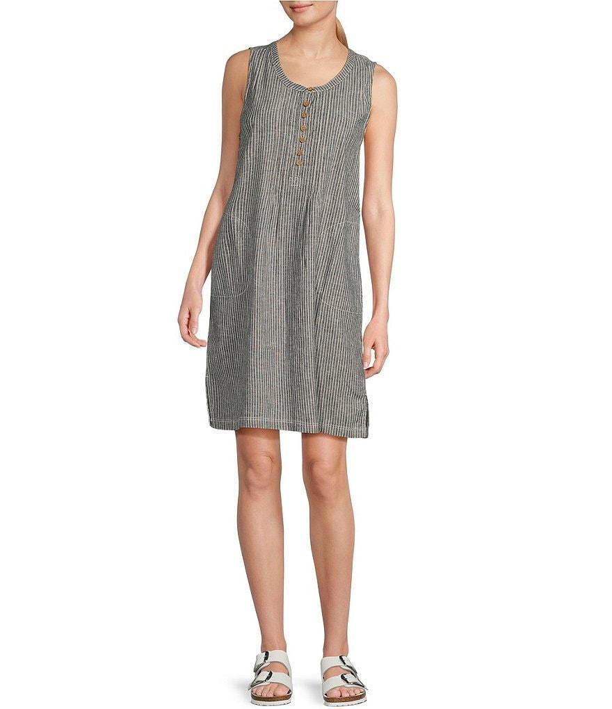 Aventura Breezy Woven Stripe Scoop Neck Pintuck Shift Dress Product Image