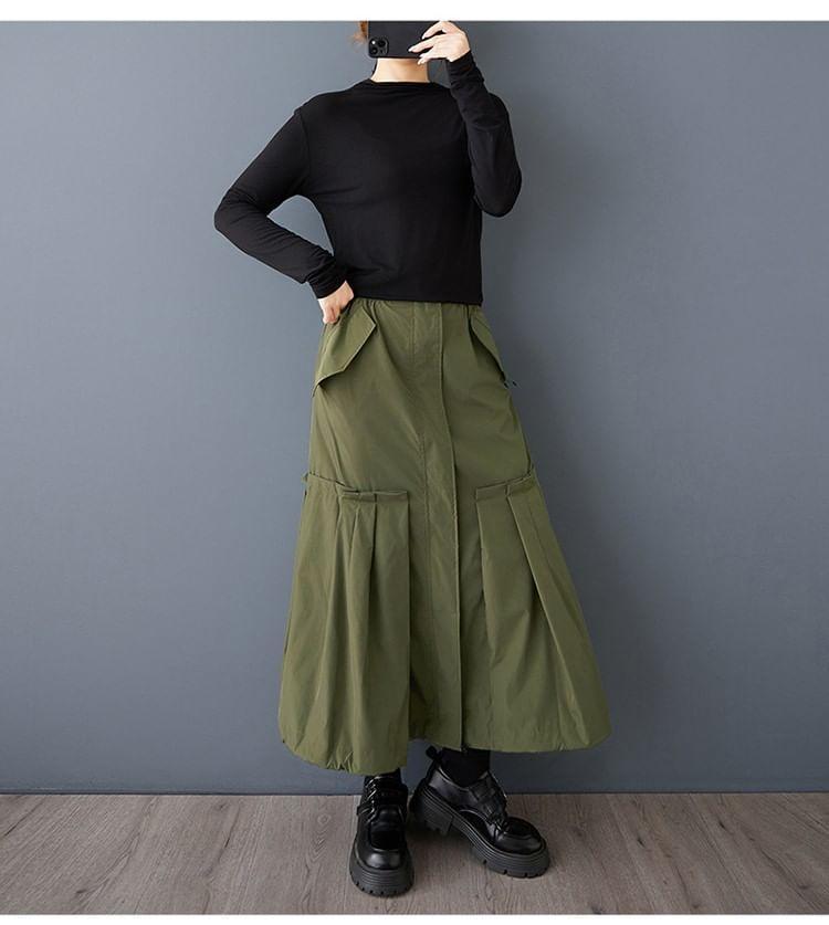 High Rise Plain Pleated Midi A-Line Skirt Product Image