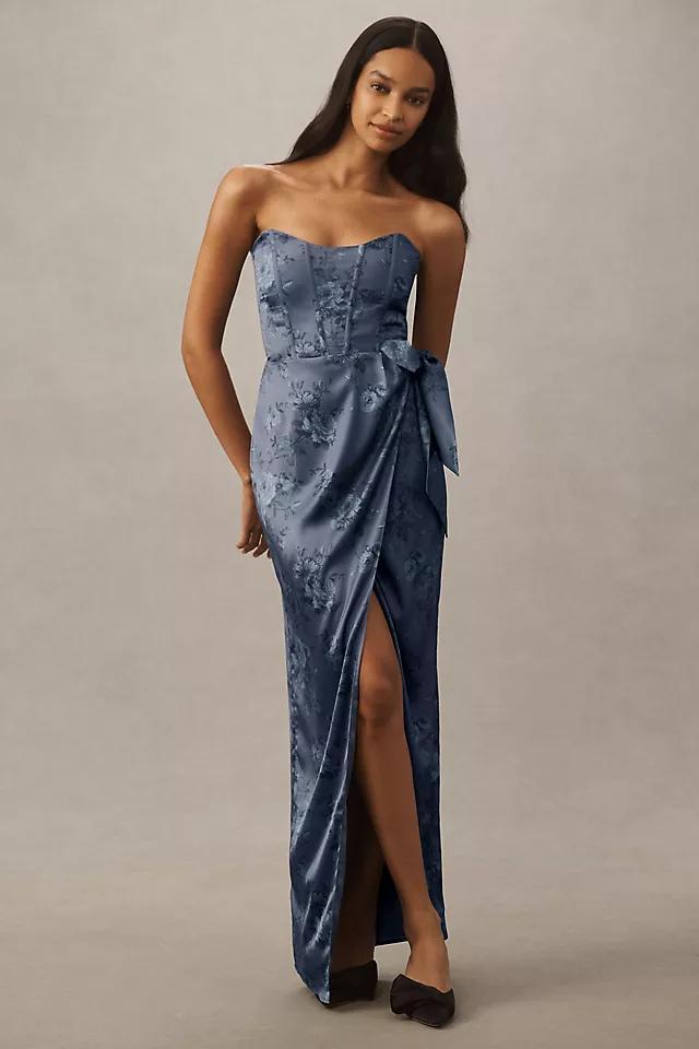 V. Chapman June Printed Corset Front-Slit Satin Gown Product Image