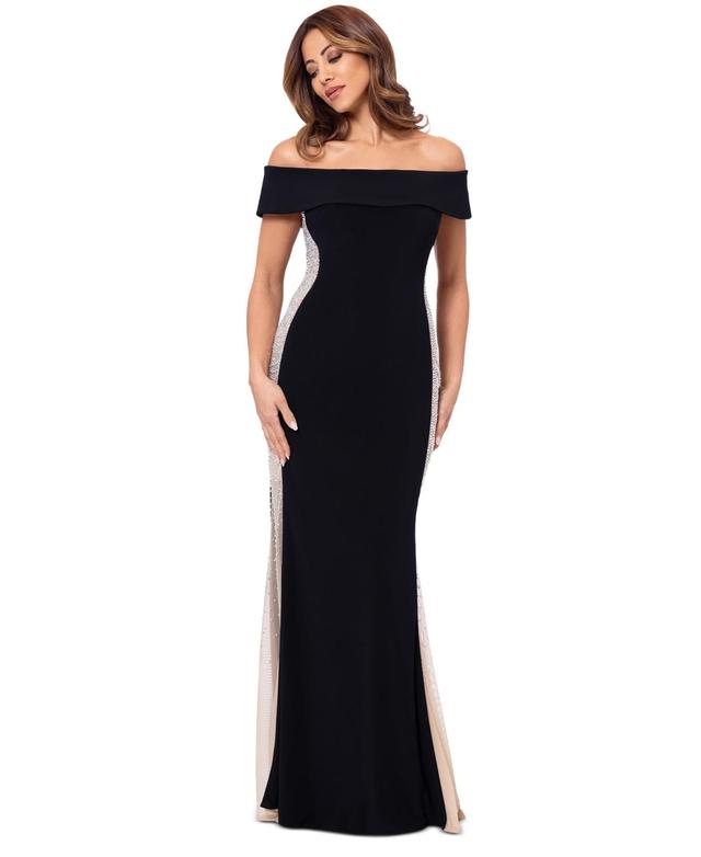 Women's Beaded Contrast Off-The--Shoulder Gown Product Image