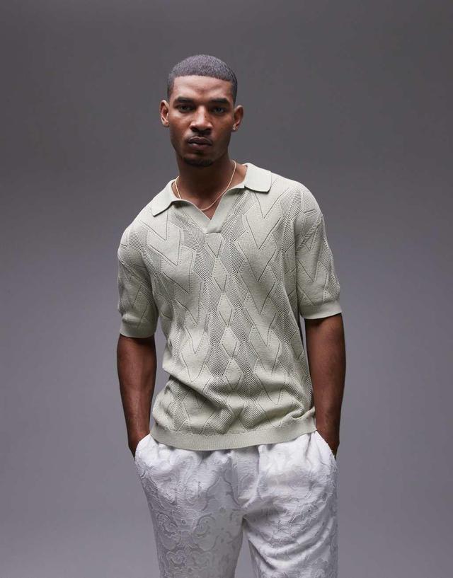 Topman knit diamond pattern pointelle polo shirt in light green Product Image