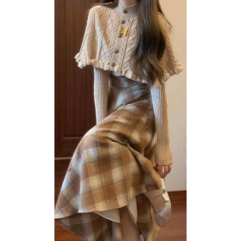 Set: Turtleneck Plain Cable Knit Cape + Ribbed Knit Sweater + High Waist Plaid Midi A-Line Skirt Product Image