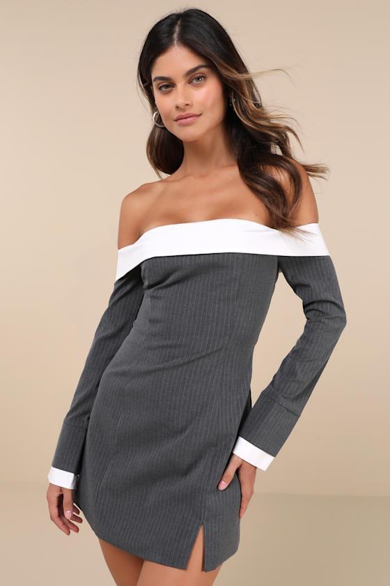 Distinct Composure Grey Pinstriped Off-the-Shoulder Mini Dress Product Image