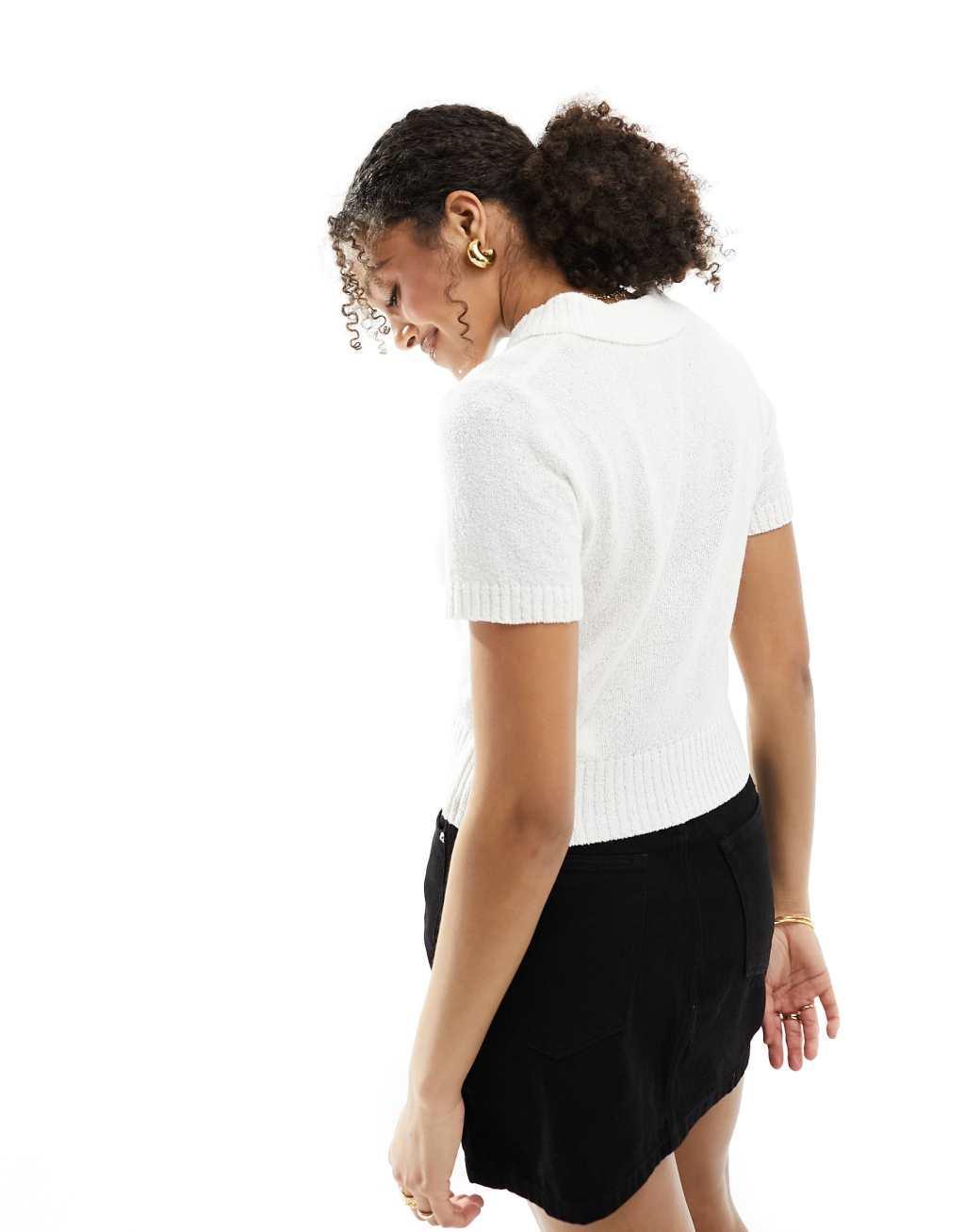 Stradivarius rustic knit polo top in white  Product Image