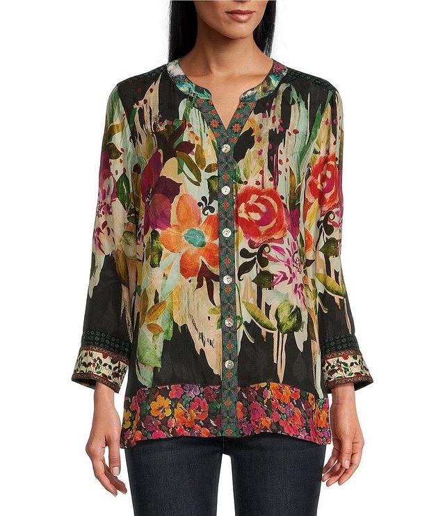 John Mark Jacquard Mixed Print Mandarin Collar 3/4 Sleeve Hi-Low Hem Button Front Blouse Product Image