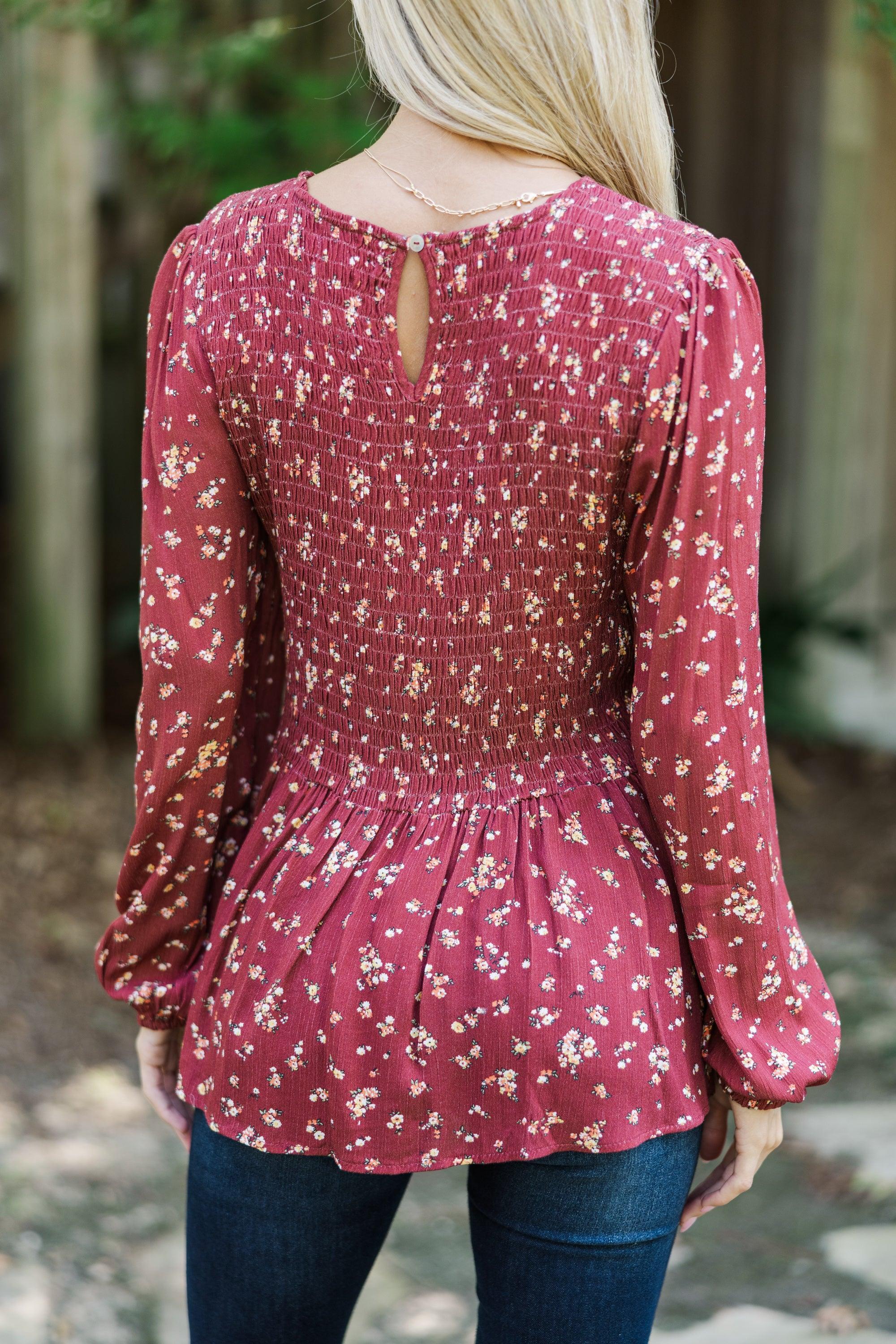 Getting Close Burgundy Red Ditsy Floral Blouse Female Product Image