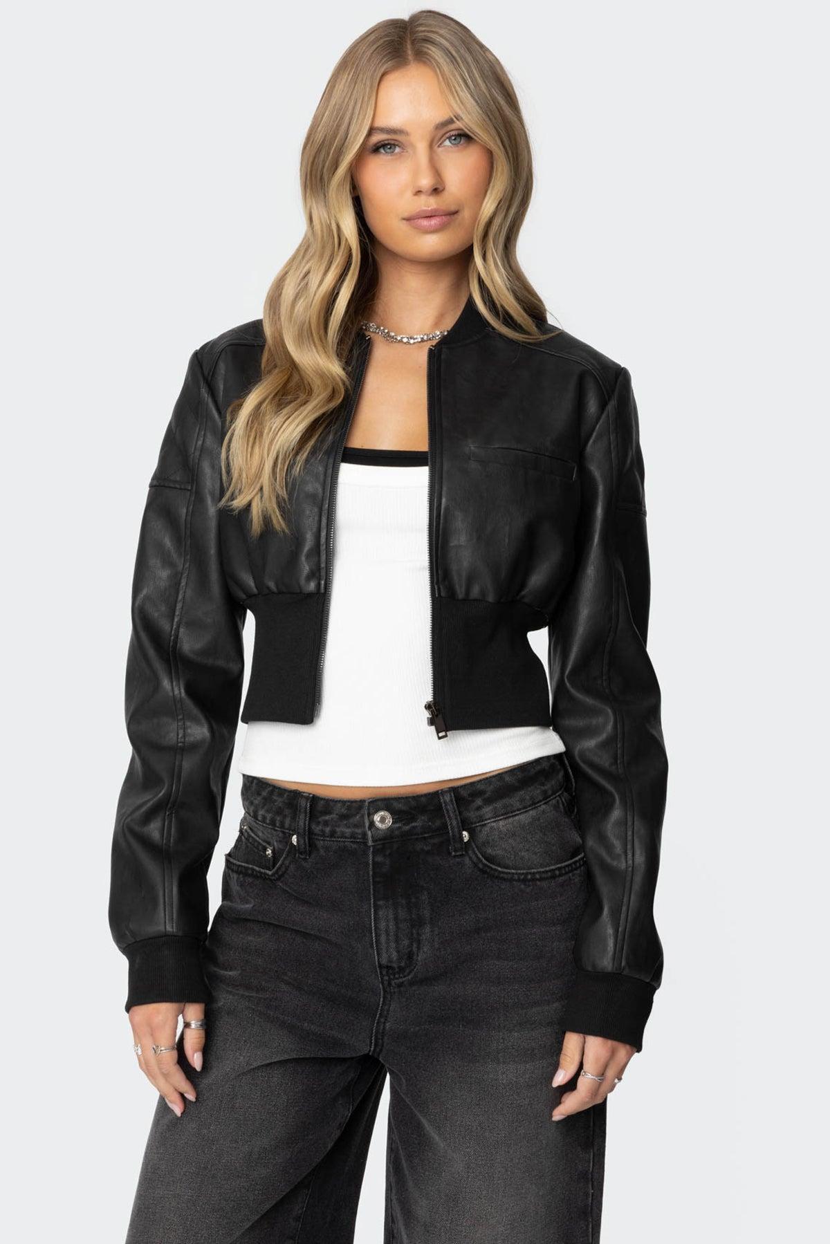 Cropped Faux Leather Bomber Jacket product image