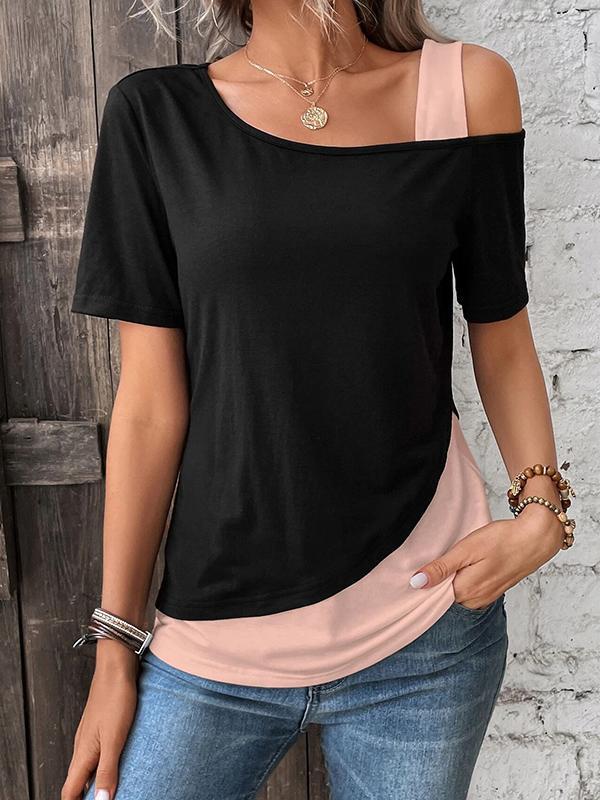 Loose Short Sleeves Asymmetric Contrast Color Split-Joint Cold Shoulder T-Shirts Tops Product Image