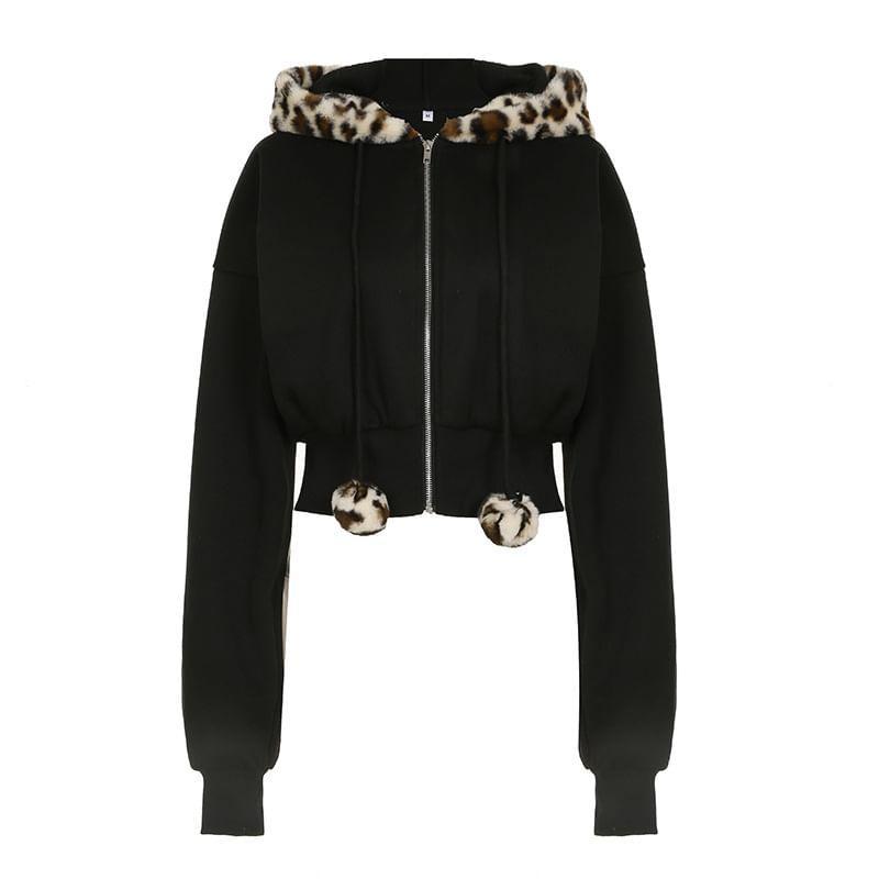 Long Sleeve Leopard Print Furry-Trim Zip-Up Hooded Jacket Product Image