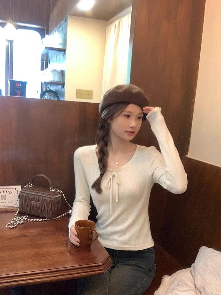 Long Sleeve Lace-Trim Bow Accent Plain Slim-Fit Knit Top Product Image