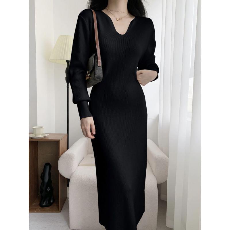 Long-Sleeve V-Neck Plain Ribbed Midi Sheath Knit Dress Product Image