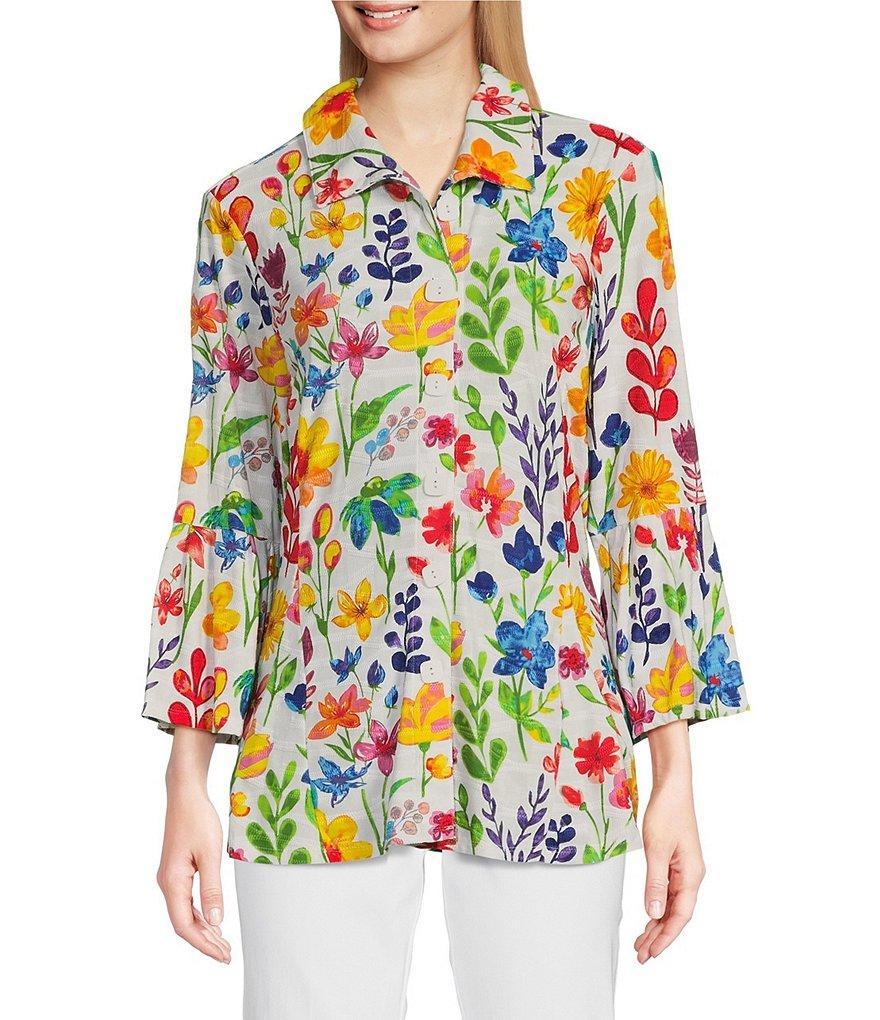 Ali Miles Petite Size Knit Floral Print Point Collar 3/4 Bell Sleeve Button-Front Tunic Product Image