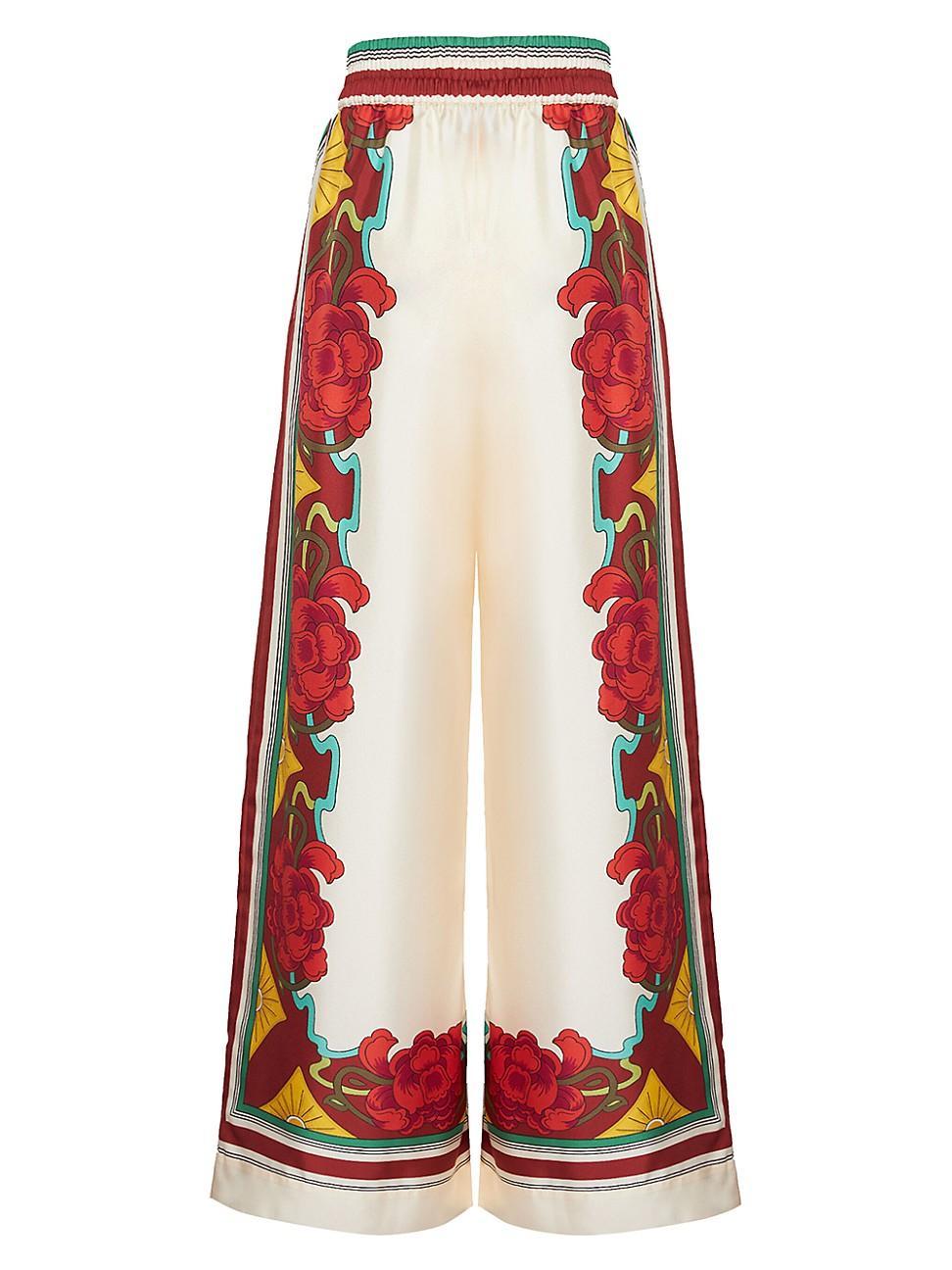 Wide-Leg Silk Palazzo Pants with Floral Detail Product Image