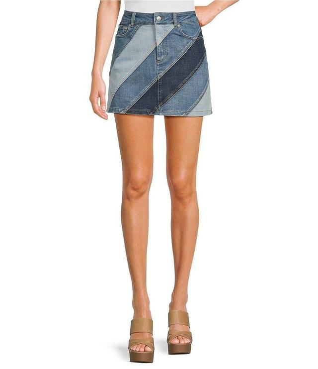 Chelsea & Violet Sara Denim Patchwork High Rise Fitted Jean Mini Skirt Product Image