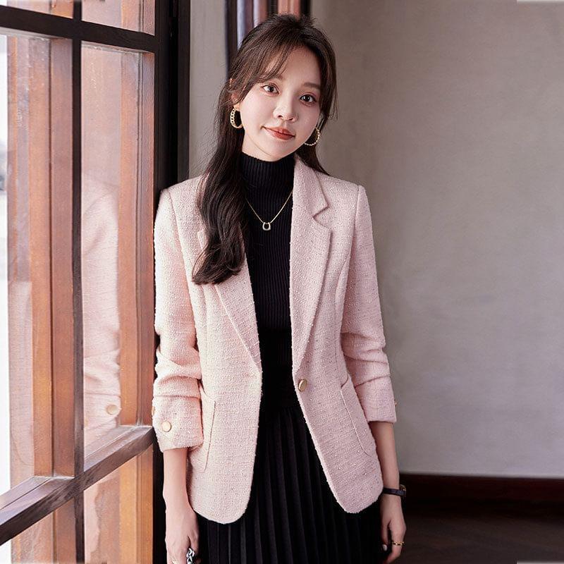 Lapel Collar Plain Tweed Single Button Blazer Product Image