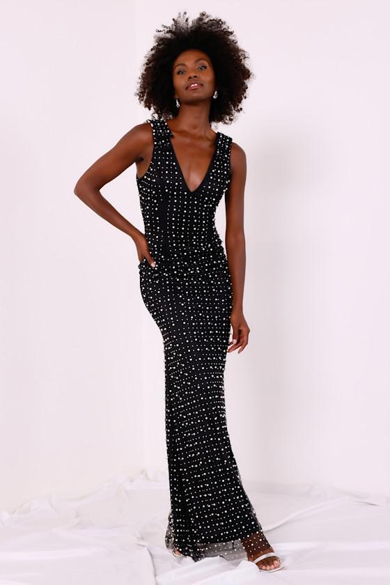 Constant Sophistication Black Mesh Pearl Rhinestone Maxi Dress Product Image