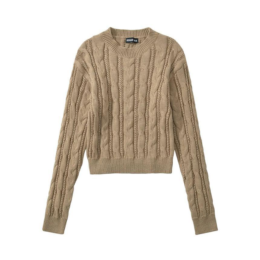 Crew Neck Plain Cable Knit Cropped Sweater Product Image