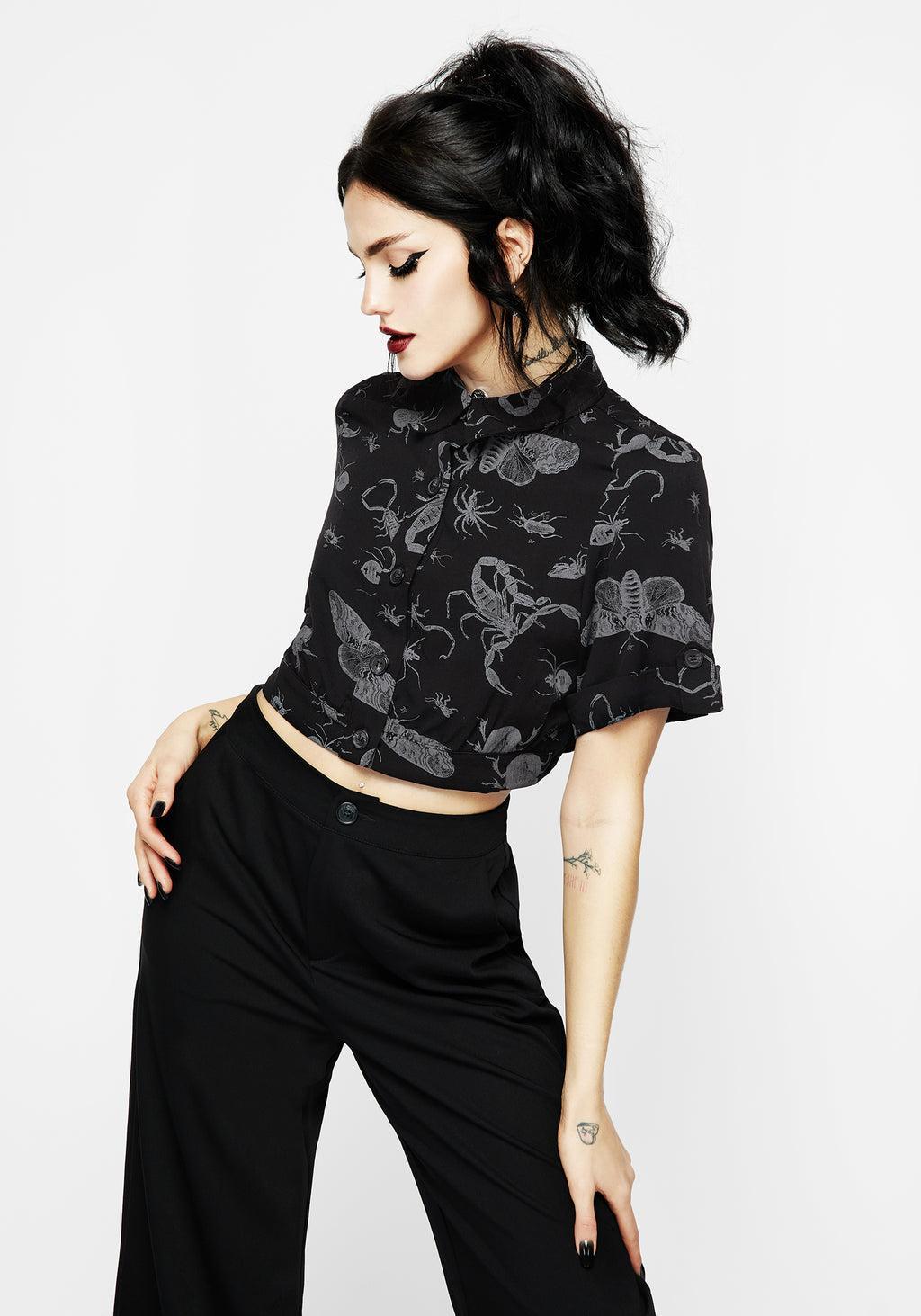 Parasite Bugs Short Sleeve Crop Shirt - Black Product Image