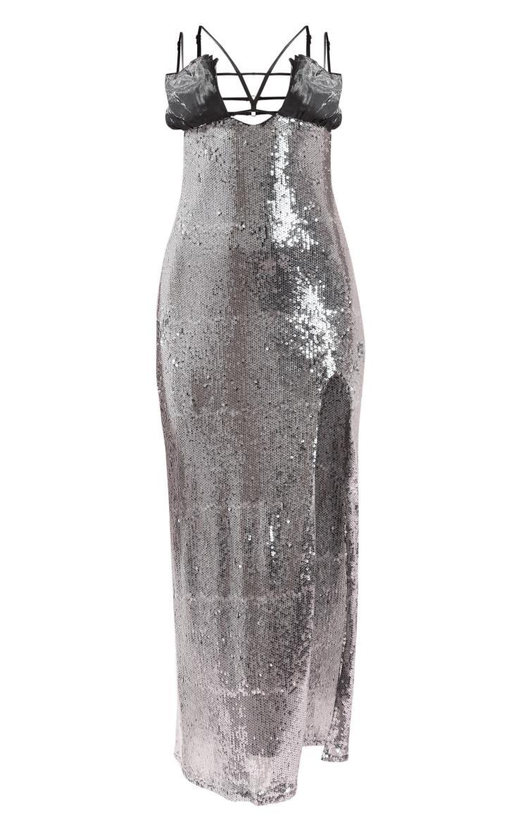 Silver Chiffon Bust Detail Sequin Split Maxi Dress Product Image