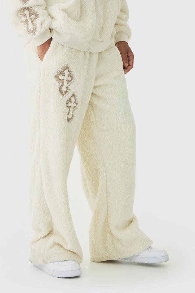 Wide Leg Embroidered Gothic Cross Teddy Borg Sweatpants | boohooMAN USA Product Image