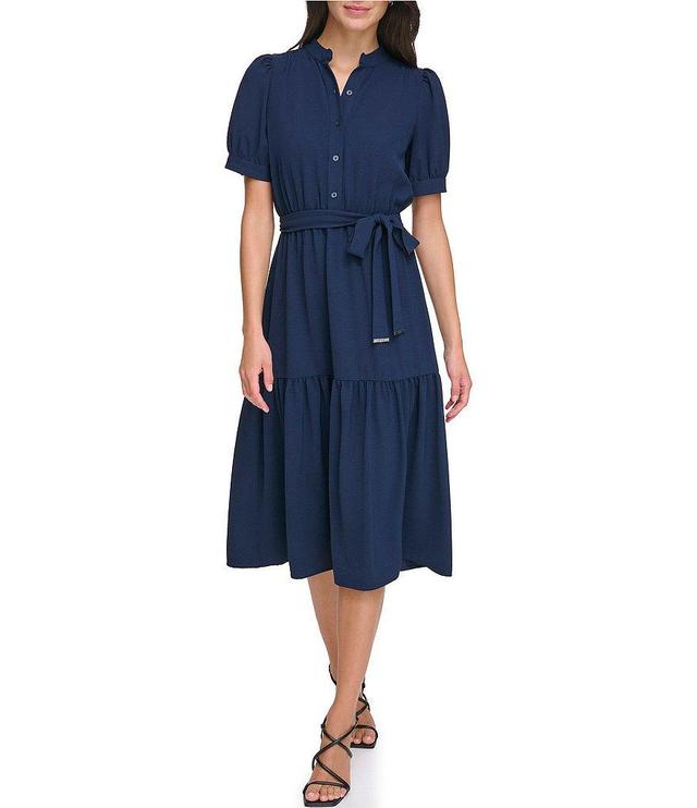 DKNY Mandarin Collar Neckline Short Puff Sleeve Tiered Midi Dress Product Image