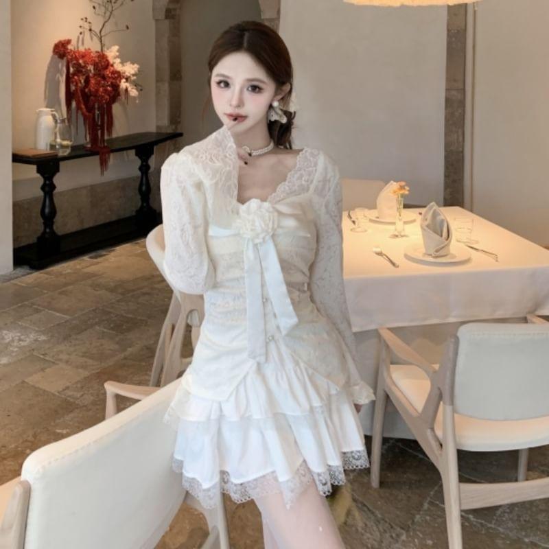 Long Sleeve V-Neck Plain Bow Lace Top / High Waist Ruffle Mini A-Line Skirt Product Image