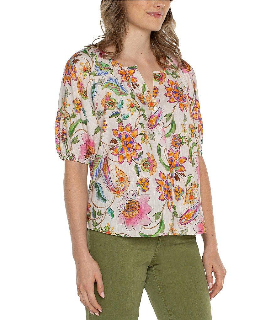 Liverpool Los Angeles Woven Floral Print Split-Round Neck Short Puff Sleeve Button Front Blouse Product Image