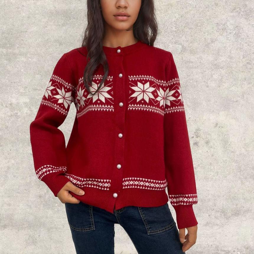 Crew Neck Snowflake Patterned Cardigan Product Image