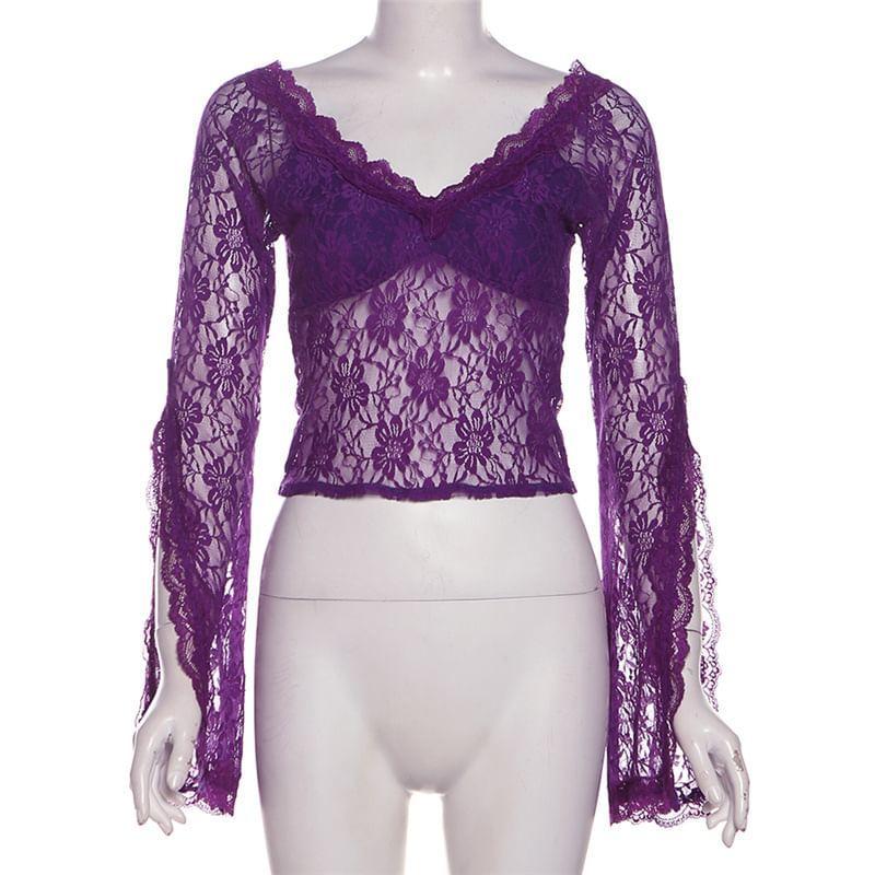 Flare-Sleeve V-Neck Lace Crop Top Product Image