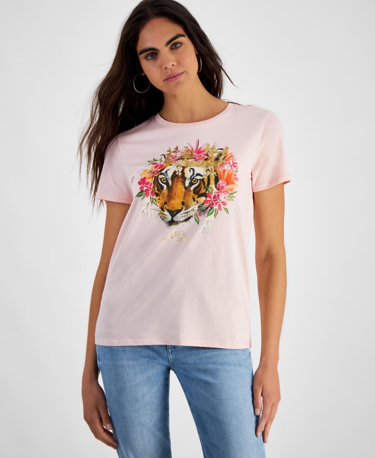 Guess Womens Le Tigre Embellished Graphic Print Cotton T-Shirt Product Image