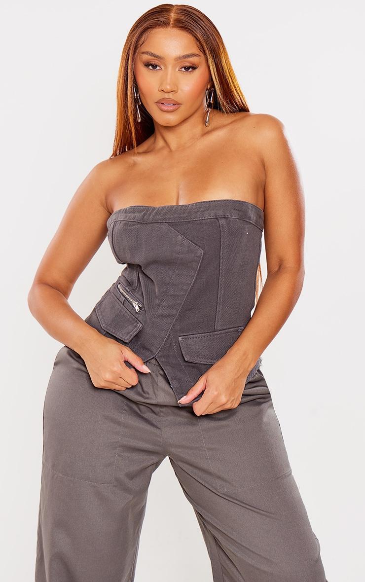 Shape Dark Grey Acid Wash Denim Zip Detail Bandeau Corset product image