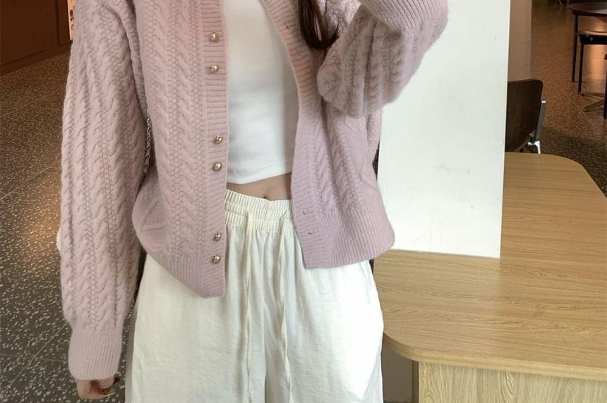 Round Neck Plain Cable-Knit Cardigan Product Image