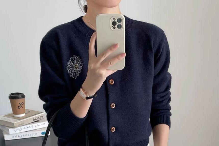 Crew Neck Floral Embroidered Button-Up Cardigan Product Image