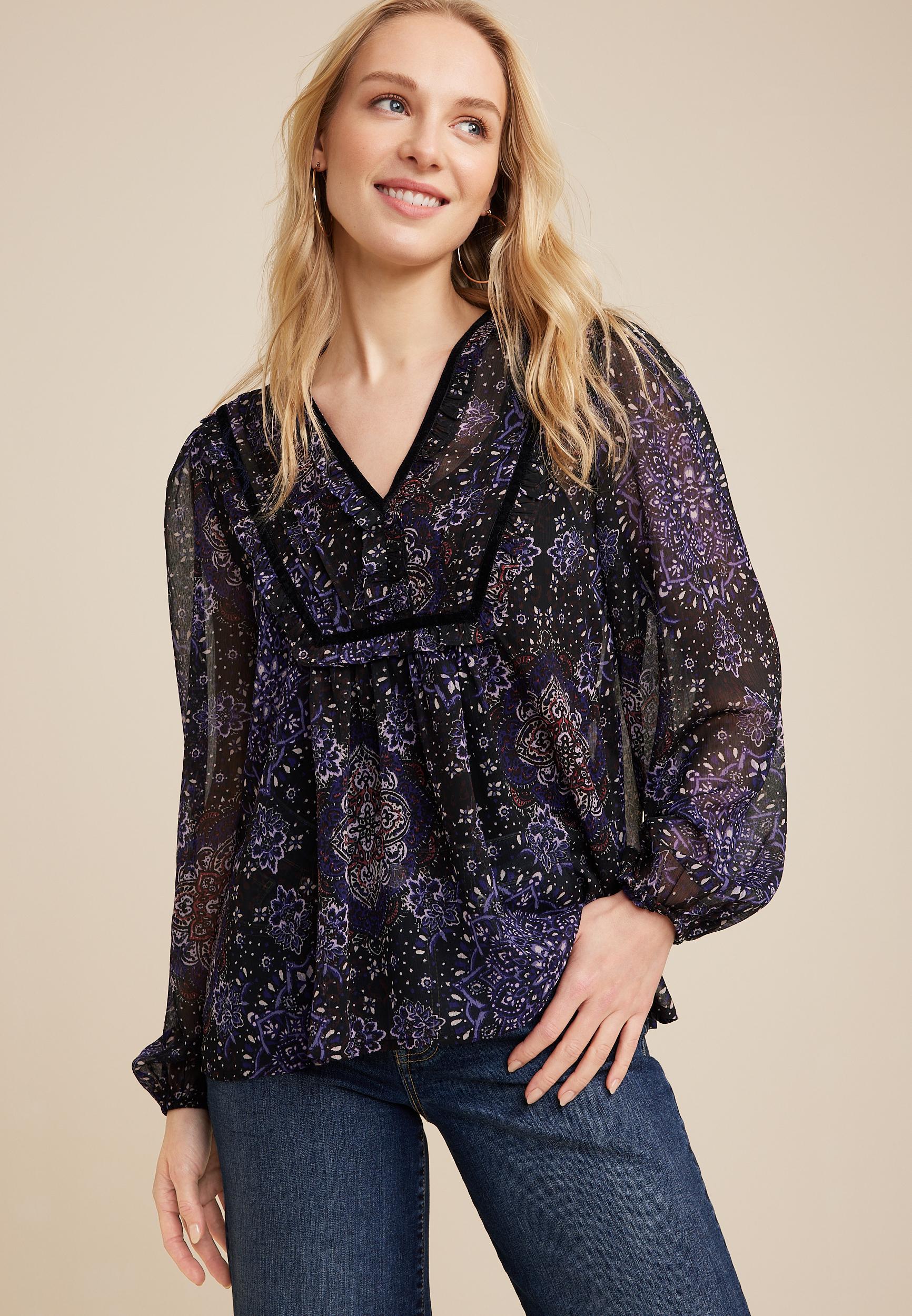 Velvet Trim Peasant Blouse Product Image