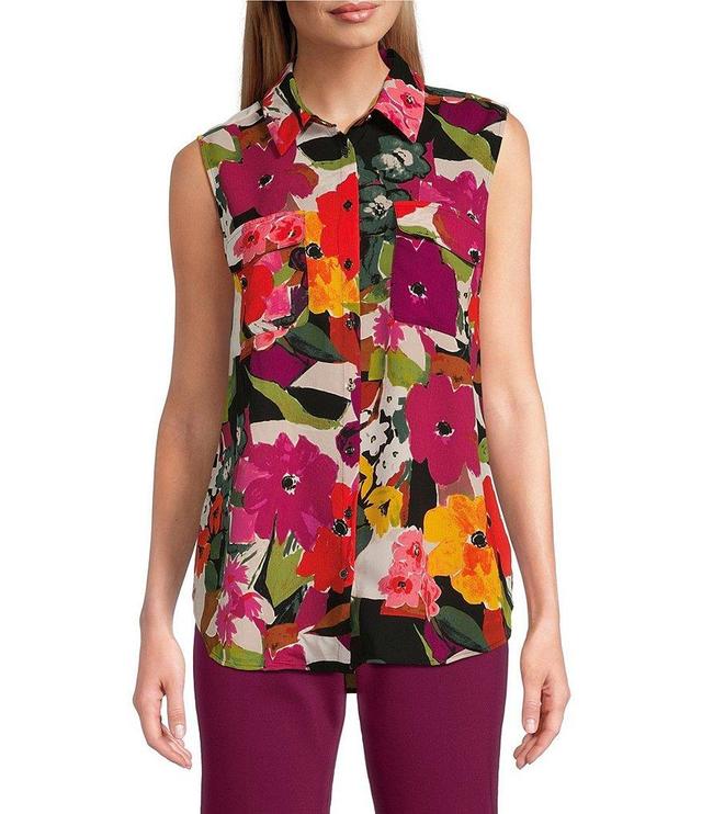 Investments Petite Point Collar Sleeveless Floral Button Tie Front Top Product Image