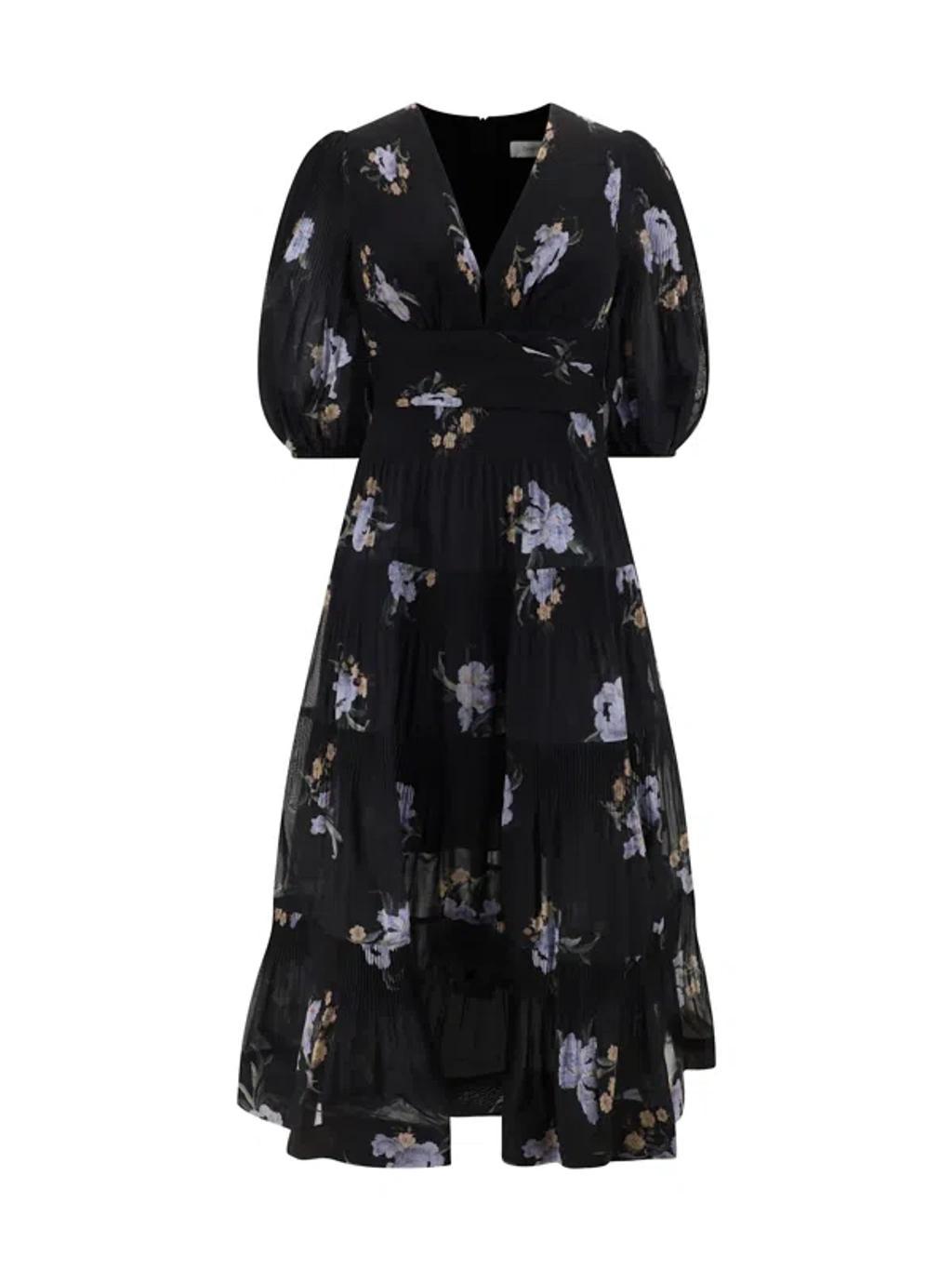 ZIMMERMANN Floral-print Pleated Organza Midi Dress In Black Iris Floral Product Image