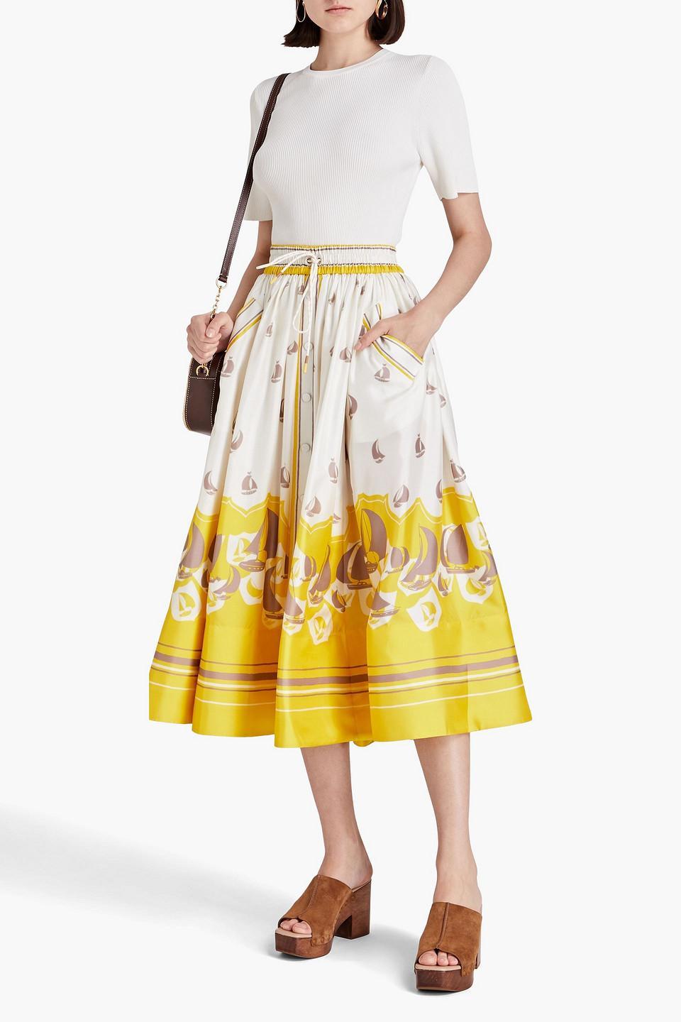 Snap-detailed Printed Silk-satin Midi Skirt In Yellow Product Image