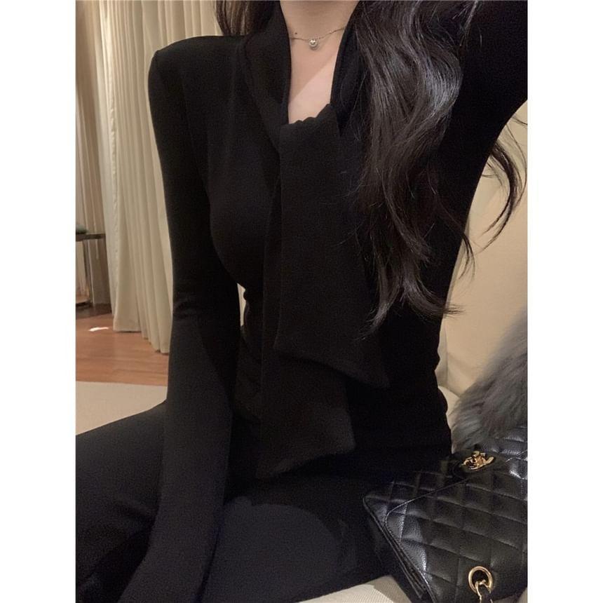 Long Sleeve Tie Neck Plain Tee Product Image