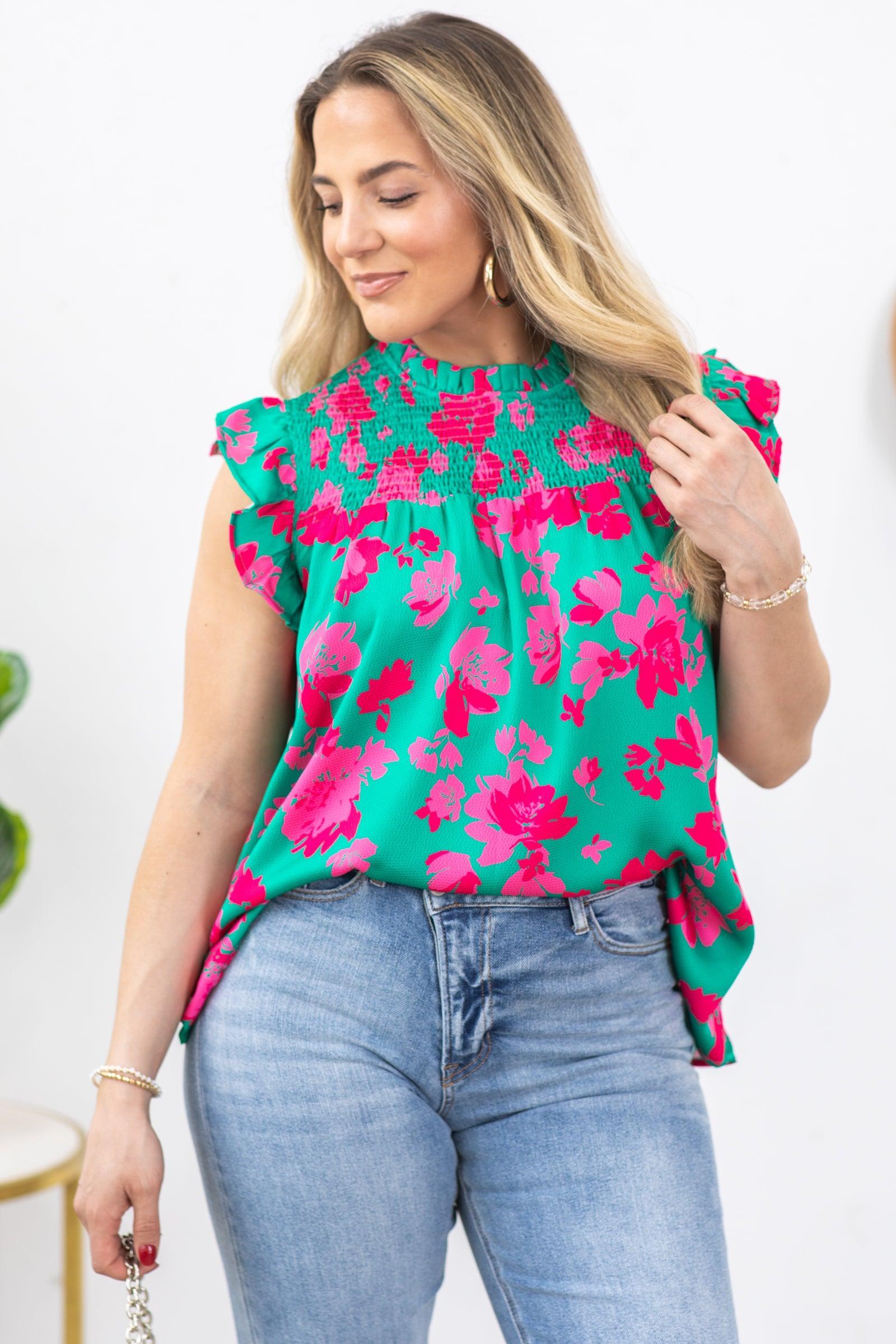 Jade And Pink Floral Shirred Yoke Woven Top Product Image