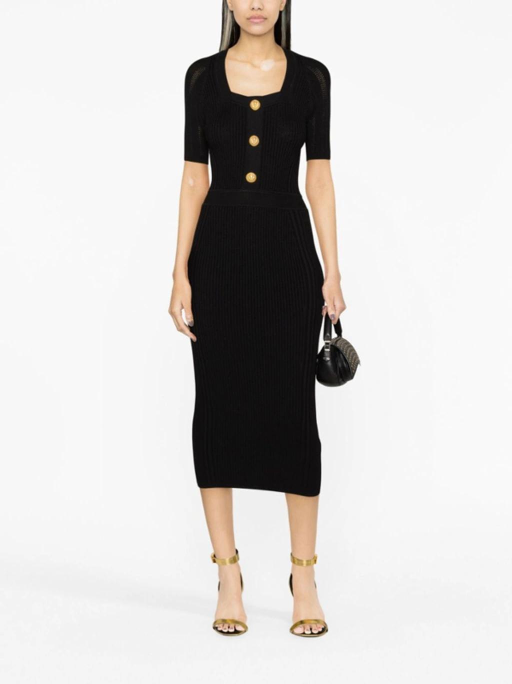 BALMAIN Square-neck Ribbed Midi Dress In Nero Product Image