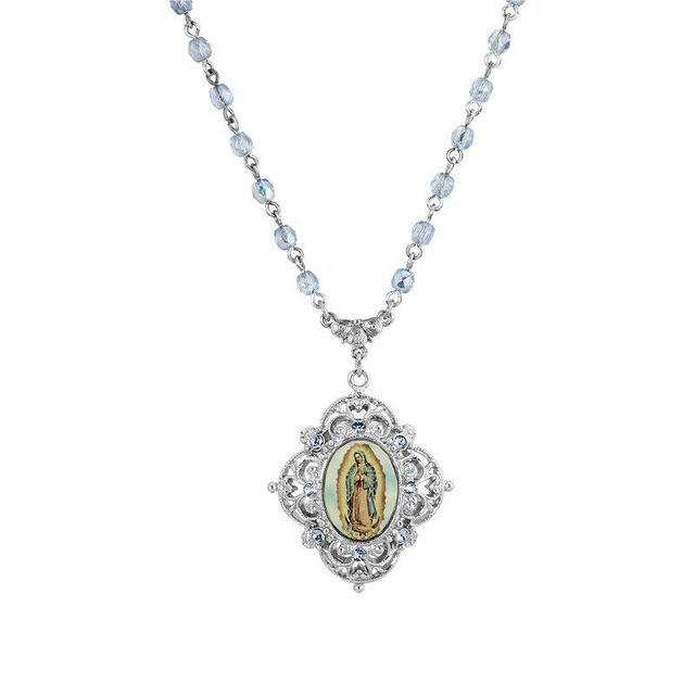 1928 Silver Tone Beaded Chain Mary Pendant Necklace, Womens, Blue Product Image