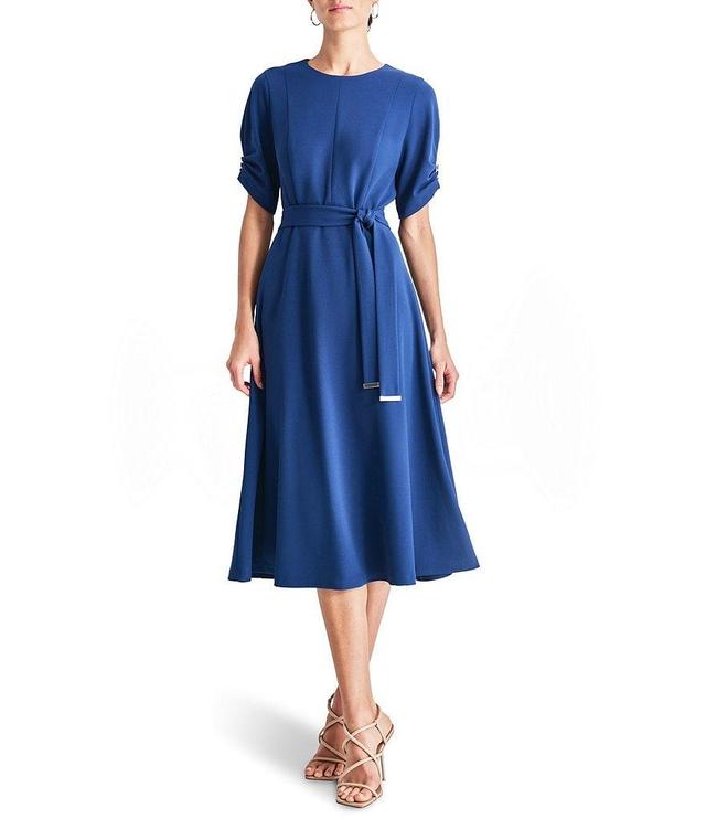 DKNY Knit Round Neck Short Ruched Sleeve Tie Waist Midi Dress Product Image