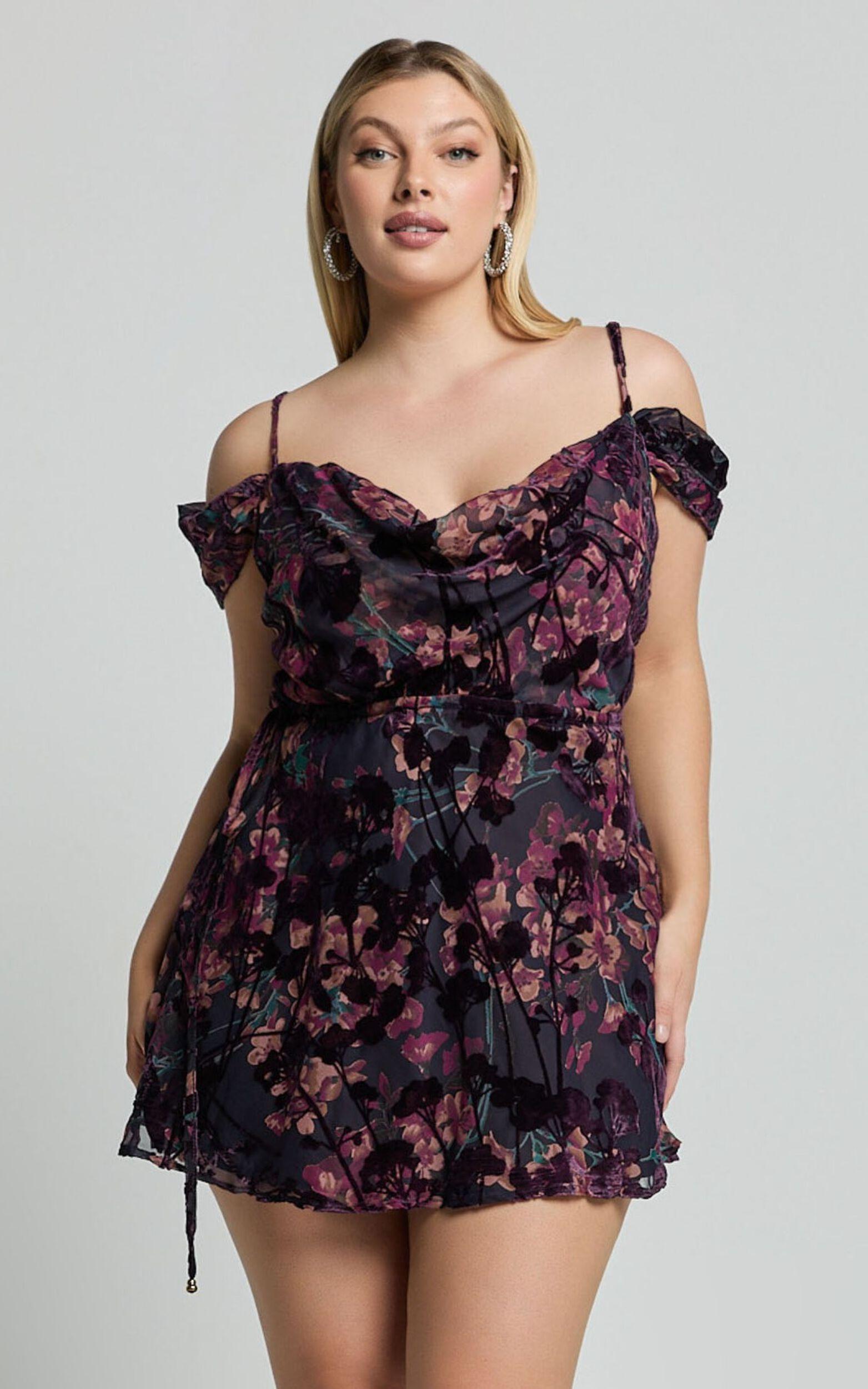 Aletta Mini Dress - Strappy Off Shoulder Cowl Neck Dress in Aletta Burn Out Floral Product Image