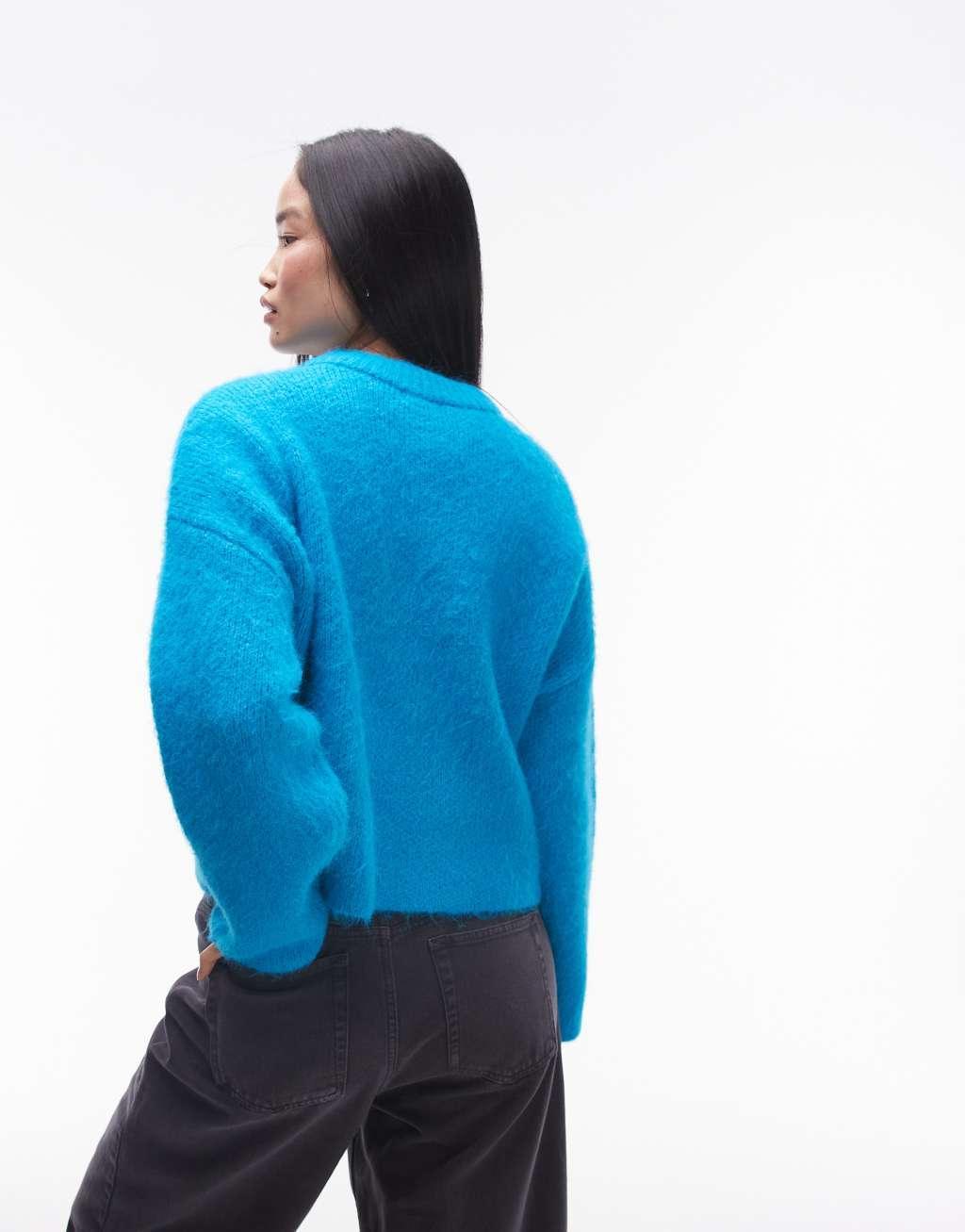 Topshop knitted fluffy relaxed ultimate sweater in bright blue Product Image