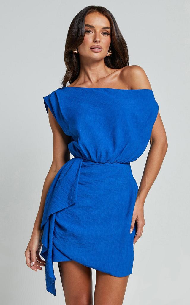 Niana Mini Dress - Drape One Shoulder Dress in Blue Product Image